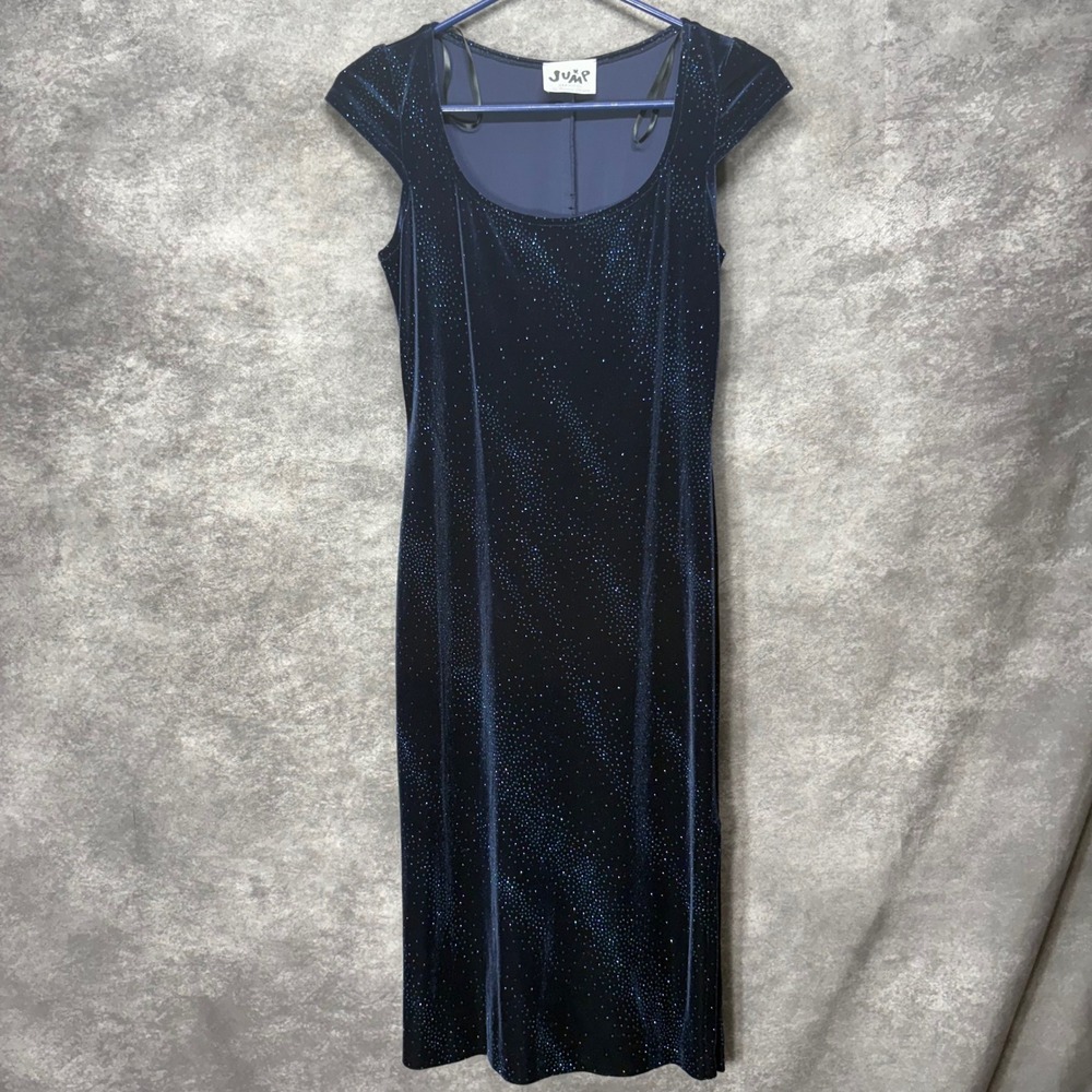Y2K Jump Apparel Sparkle Glitter Velvet Sheath Dress Size 7/8 Blue Celestial